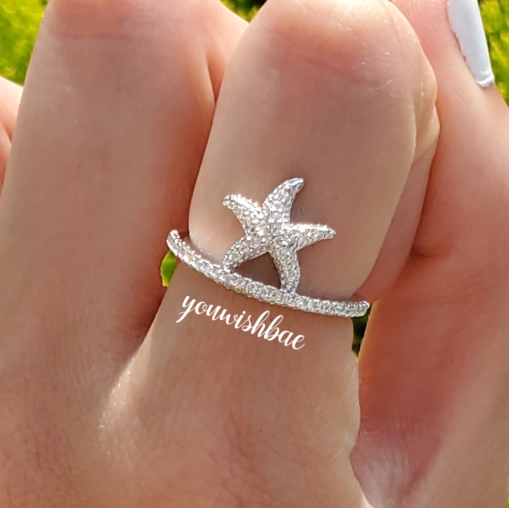 Starfish Ring Diamond Sterling Silver Size 9 Wave Ring Beach Ring Star Ring